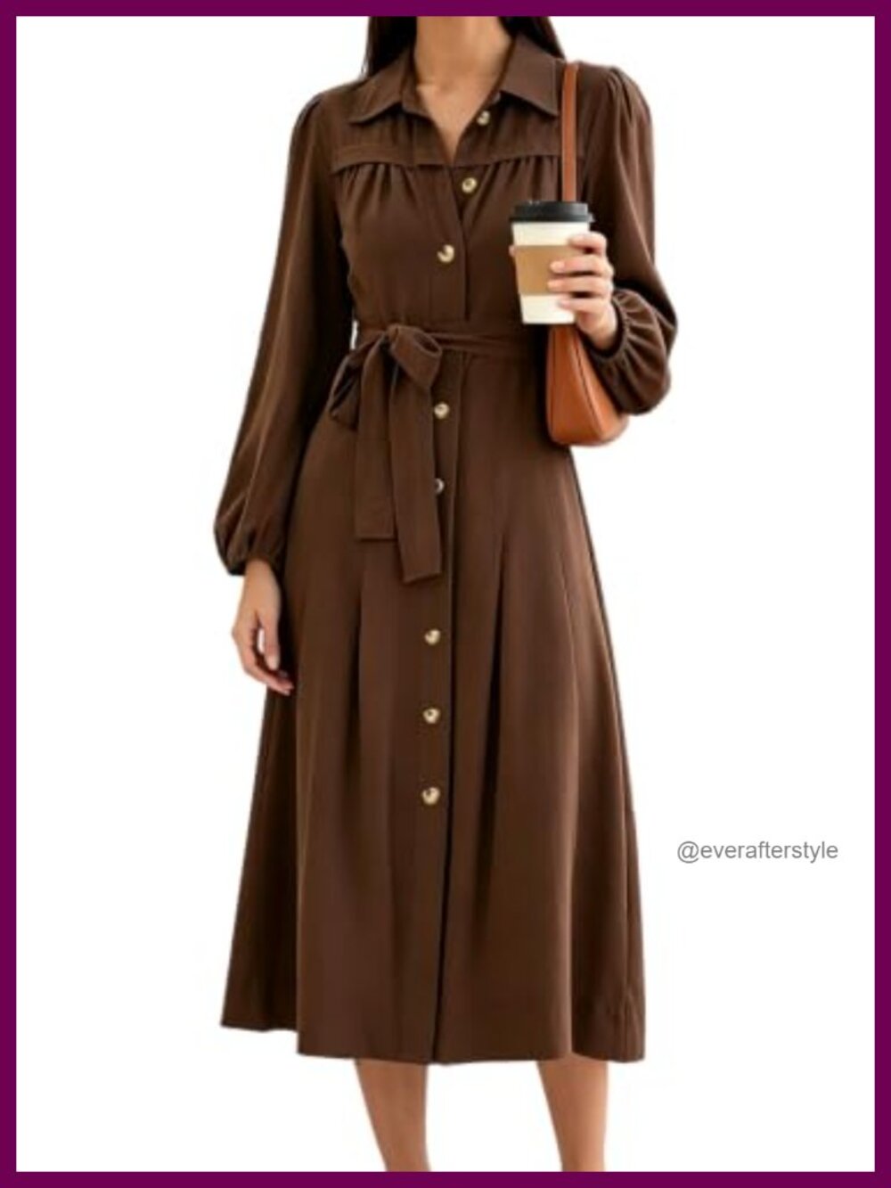 Women's Puff Long Sleeve Button Down Belted Midi Shirt Dress